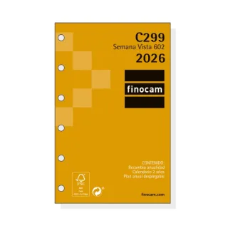 Finocam C299 Recambio para Agendas Classic - Anual 2026 - Hojas Microperforadas - Formato 602 - 73x6x114mm - Semana Vista Horizontal - Color Blanco
