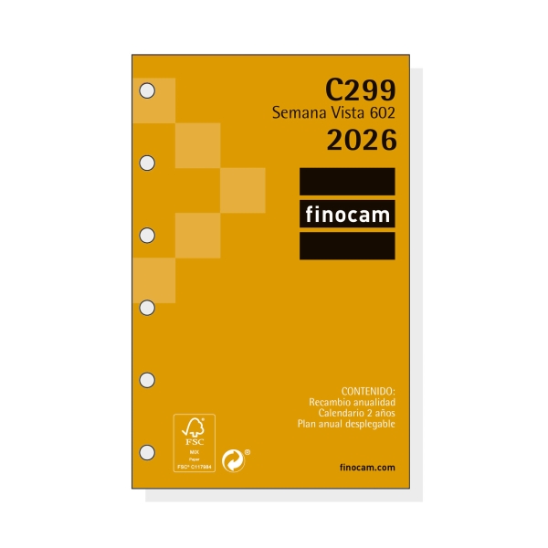 Finocam C299 Recambio para Agendas Classic - Anual 2026 - Hojas Microperforadas - Formato 602 - 73x6x114mm - Semana Vista Horizontal - Color Blanco