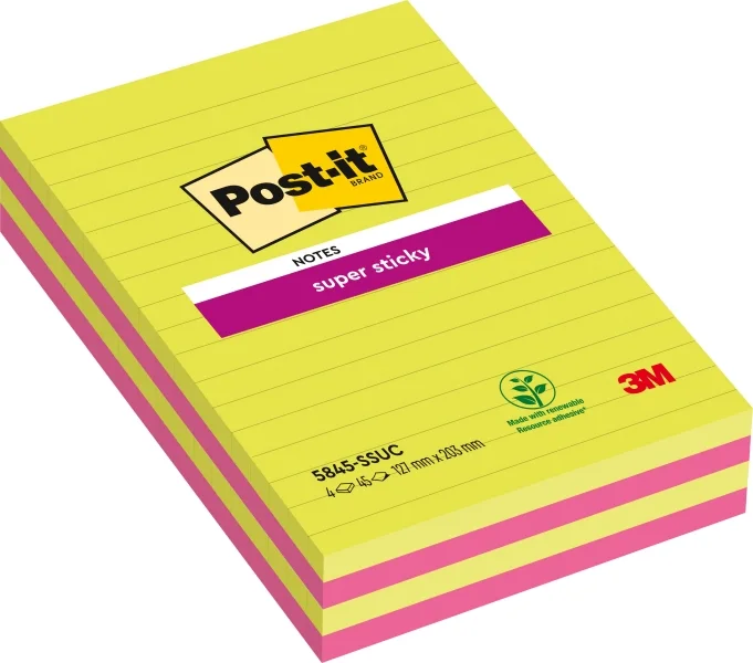 Post-It Super Sticky Pack de 4 Blocs de 45 Notas Grandes Adhesivas Reposicionables - con Lineas - 100% PEFC - Colores Surtidos
