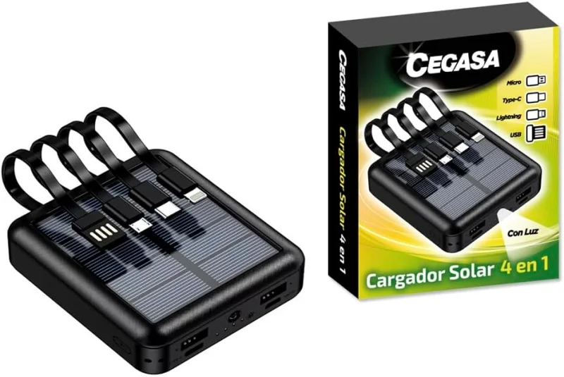 Cegasa Powerbank Solar 4 en 1 5000mAh - Salidas USB-C, Lighting, USB-A, Micro USB - Con Linterna - Color Negro