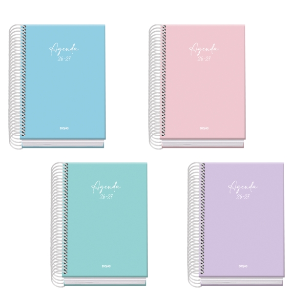 Dohe Basic Serenity Agenda Escolar 26/27 - Formato A6 - Dia Pagina - Papel Offset Ahuesado 70g - Cubierta de Carton Plastificado - Espiral Metalica - Goma - 12x17x3cm - Colores Surtidos · Pack de 20 uds.
