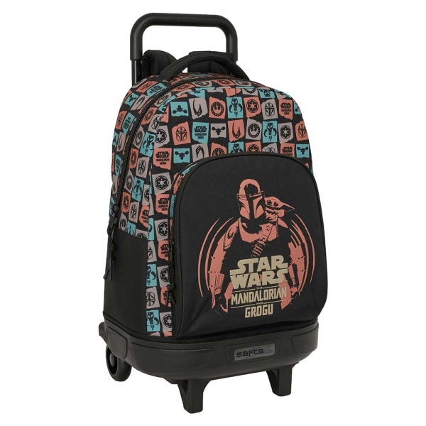 Safta Mandalorian and Grogu Mochila con Carro - Extraible - 33L - Portabotellas - Tarjeta de Identificacion Personal - Cremallera con Doble Tirador - Asa - Bolsillo Frontal - 33x45x22cm - Color Negro