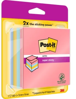 Post-It Super Sticky Cubo de 400 Notas Adhesivas Reposicionables - Colores Arcoiris - 76x76mm - Colores Surtidos