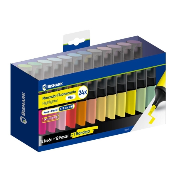 Bismark Long-Life Set de Mesa con 24 Mini Marcadores Fluorescentes - 12x Neon y 12x Pastel - Tinta de Secado Rapido - Punta Biselada - Ideal para Subrayar y Resaltar - Diseño Ergonomico - Al