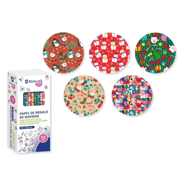 Bismark Navidad Colors Rollo de Papel Regalo - Medidas 70cmx200cm - 5 Diseños Diferentes · Pack de 50 uds.