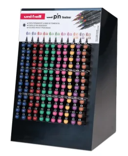 Uni-ball PIN Expositor con 168 Rotuladores de Colores y Calibrados Surtidos - Punta Poliacetal - Tinta Pigmentada Resistente al Agua y Luz