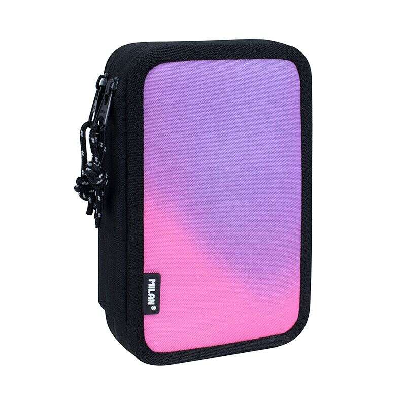 Milan Sunset Plumier de 2 Pisos con 2 Gomas de Borrar, Sacapuntas, Lapiz, Boligrafo Compact, Regla, 12 Lapices de Colores y 18 Rotuladores - Color Negro/Rosa