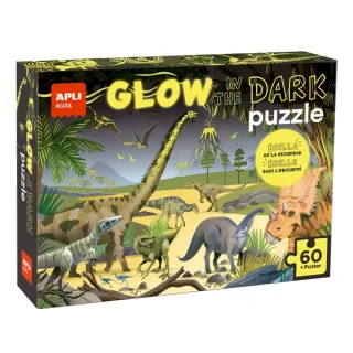 Apli Glow in the Dark Puzzle Fluorescente de 60 Piezas 6x6cm - Tematica Dinosaurios - Efecto Fluorescente que Revela Diseños Ocultos - Poster para Facilitar Montaje - Recomendado para Niños