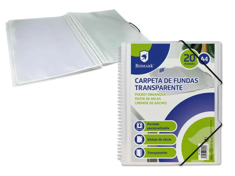 Bismark Carpeta Espiral con 20 Fundas Transparentes A4 - Polipropileno - Portada Personalizable - Espiral Plastica Indeformable - Apertura 360 Grados - Gomas de Cierre