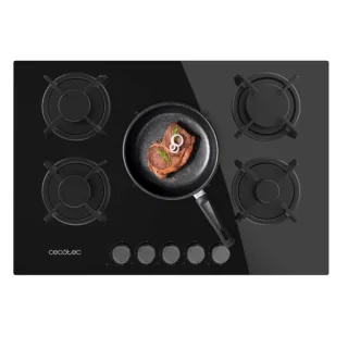 Cecotec Bolero Squad G 5200S Glass Black Cocina de Gas Encastrable - 5 Quemadores - Acabado en Cristal Negro - 11kW - Parrillas de Hierro Fundido - Inyector Convertor a Glp - Color Negro