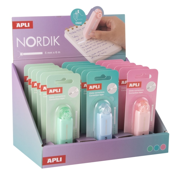 Apli Nordik Expositor de 18 Cintas Correctoras de 5mmx6m - Aplicacion Limpia y Precisa - Rapida Cobertura - Cuerpo en Colores Pastel