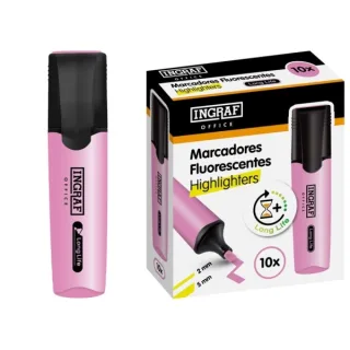 Ingraf Long-Life Marcador Fluorescente - Punta Biselada - Trazo 2-5mm - Tinta Base de Agua - Color Rosa · Pack de 10 uds.