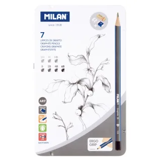 Milan Pack de 7 Lapices + 1 Sacapuntas + 1 Gomas de Caucho + 1 Goma de Miga de Pan - Grado de Durezas Surtidas - Caja Metalica - Durezas Surtidas - Color Gris Oscuro