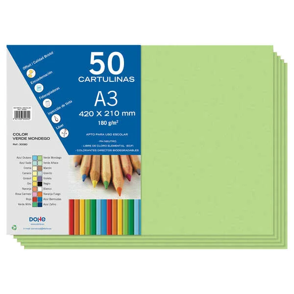 Dohe Pack de 50 Cartulinas A3 de 180gr - Con PH Neutro - Libres de Cloro Elemental - Color Verde Mondego