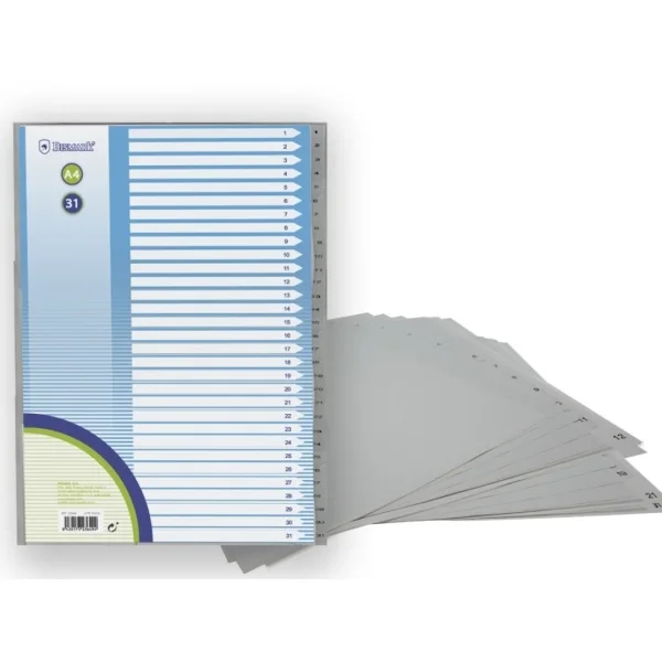 Bismark Indice Numerico con Pestañas del 1 al 31 - Multitaladro - Formato A4 - Fabricados en Polipropileno - Color Gris · Pack de 12 uds.
