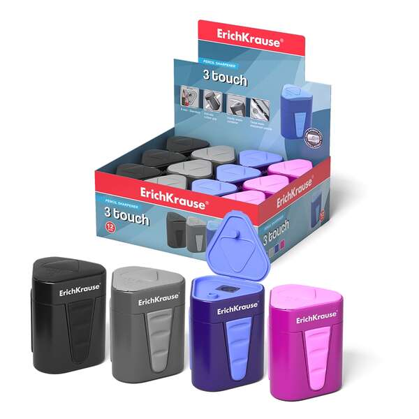 Erichkrause Sacapuntas de Plastico 3-Touch con Deposito y Tapa - Contenedor Grande para Virutas - Bordes de Goma Antideslizantes - Color Surtido · Pack de 12 uds.