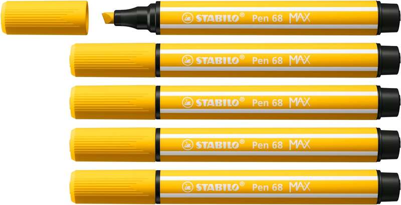 Stabilo Pen 68 MAX Rotulador - Punta de Fibra Biselada - Trazo entre 1-5mm aprox. - Tinta a Base de Agua - Color Amarillo · Pack de 5 uds.