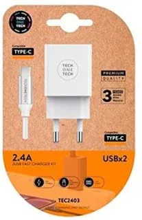 TechOneTech Cargador Doble de Pared + Cable USB-A a USB-C 1m - Recubierto de Nylon Trenzado