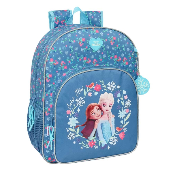 Safta Frozen Mochila Adaptable a Carro - Portabotellas - Tirador Doble - Hombreras Ergonomicas - Espalda Acolchada - Bolsillo Frontal - Asa de Mano Superior - 330x140x420mm - Color Azul