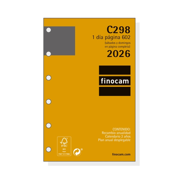 Finocam C298 Recambio para Agendas Classic - Anual 2026 - Hojas Microperforadas - Formato 602 - 73x18x114mm - 1 Dia por Pagina - Color Blanco
