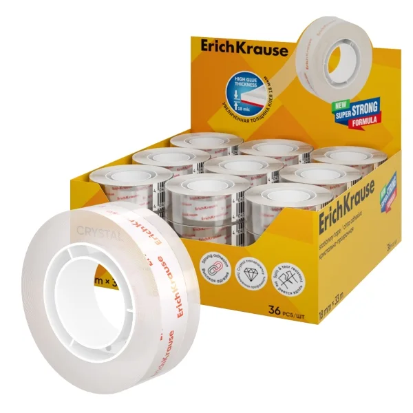 ErichKrause Crystal Expositor con 36 Cintas Adhesivas - Alta Adhesion - 18mm de Ancho - 33 Metros - Resistente al Desgarro Longitudinal - Color Transparente