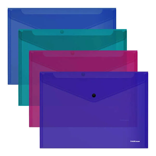 Erichkrause Glossy Vivid Sobre Polipropileno Tamaño А4 - Semitransparente - Cierre de Boton - Colores Surtidos · Pack de 12 uds.