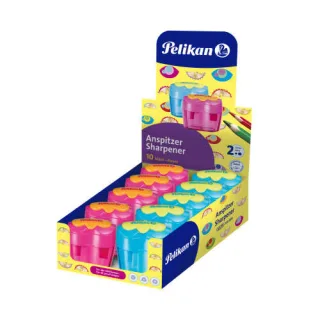 Pelikan Flower Expositor de 10 Sacapuntas 2 Orificios con Tapa - Deposito para Residuos - Cuchillas de Acero Inoxidable - Colores Azul y Rosa · Pack de 10 uds.