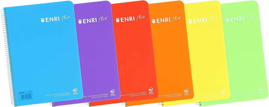 Enri Plus Cuaderno Espiral Formato Folio 1 Linea - 80 Hojas 90gr con Margen - Cubierta de Plastico - Colores Surtidos · Pack de 5 uds.