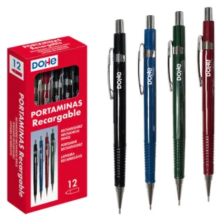 Dohe Portaminas Recargable - Cuerpo de Plastico - Zona Estriada para Agarre - Clip, Pulsador y Punta Metalica - Goma de Borrar - para Minas de 0.5mm · Pack de 12 uds.