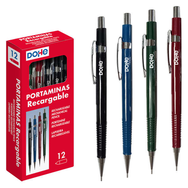Dohe Portaminas Recargable - Cuerpo de Plastico - Zona Estriada para Agarre - Clip, Pulsador y Punta Metalica - Goma de Borrar - para Minas de 0.5mm · Pack de 12 uds.