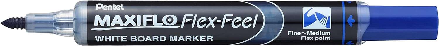 Pentel Maxiflo Flex-Feel Rotulador para Pizarra Blanca - Punta Flexible 4.6mm - Trazo de 1 a 5mm - Dosificacion de Tinta mediante Embolo - Color Azul · Pack de 12 uds.