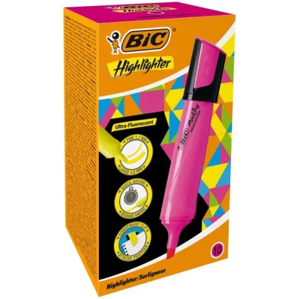 Bic Marking Highlighter Flat Marcador Fluorescente - Punta Biselada - Trazo entre 1.70 y 4.80 mm - Tinta con Base de Agua - Color Rosa · Pack de 10 uds.