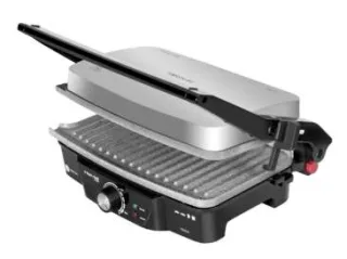 Cecotec Rock'n Grill 1500 Parrilla Electrica 1500W - Revestimiento de Piedra Rockstone - Regulador de Temperatura - Apertura 180º - Superficie 28.7x17cm - Acero Inoxidable y Plastico