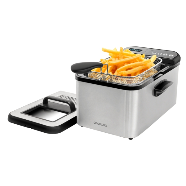 Cecotec Cleanfry Luxury 3000 Freidora Electrica - Potencia de 2400W - Capacidad 3.2L - Pantalla Digital - 5 Programas Preconfigurados - Filtro Incluido - Acero Inoxidable - Tapa con Ventana
