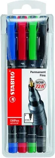 Stabilo OHPen Pack de 4 Rotuladores Permanentes - Punta Fina - Trazo de 0.7mm - Agarre Antideslizante - Tapon Ventilado - Colores Surtidos