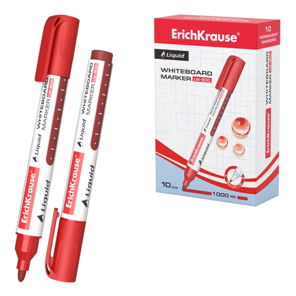 Erichkrause Liquid LW-600 Marcador de Pizarra Blanca - Tinta Liquida a Base de Alcohol - Punta en Forma de Bala - Ancho de Linea 2.5mm - Color Rojo · Pack de 10 uds.