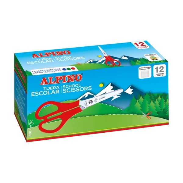 Alpino Tijera Escolar 13cm - Acero Inoxidable - Punta Roma - Colores Surtidos · Pack de 12 uds.
