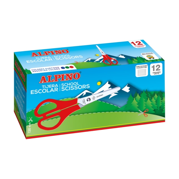 Alpino Tijera Escolar 13cm - Acero Inoxidable - Punta Roma - Colores Surtidos · Pack de 12 uds.