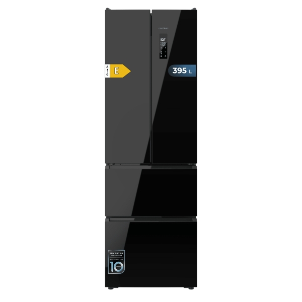 Cecotec Bolero CoolMarket Combi F2D 395 Black Glass E Frigorifico Puerta Francesa de 4 Puertas - Capacidad 395L - Compresor Inverter - Total Nofrost - Puerta de Cristal - 185x59.5x68cm - Col