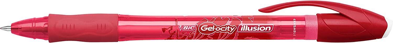 Bic Gel-ocity Illusion Boligrafo de Tinta Gel Borrable - Punta Media de 0.7mm - Recargable - Grip de Goma - Clip de Plastico - Color Rojo · Pack de 12 uds.