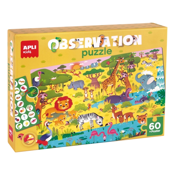 Apli Puzzle Observacion Junior Jungla de 60 Piezas de 6x6cm - Incluye Poster y 1 Ficha con Diferentes Objetos - Desarrolla la Concentracion, Observacion y Memoria - Recomendado para Niños a