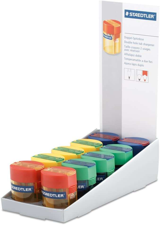 Staedtler Sacapuntas de 2 Orificios con Deposito - Para Lapices de 8.2mm y 10.2mm - Colores Neon Surtidos · Pack de 10 uds.