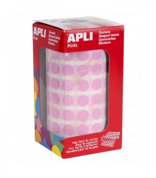 Apli Rollo con 5.192 Gomets Redondos - Adhesivo Permanente - Fomenta la Psicomotricidad - Adhesivo Base Agua - Color Rosa
