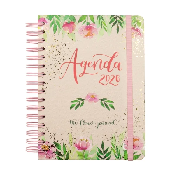 Finocam Flower Journal Agenda de Espiral en Catalan - Anual 2026 - Tapa Dura - Cierre de Goma - Formato E10 - 155X212mm - 1 Dia por Pagina - Color Rosa