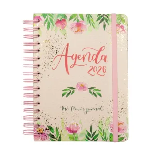 Finocam Flower Journal Agenda de Espiral en Catalan - Anual 2026 - Tapa Dura - Cierre de Goma - Formato E10 - 155X212mm - 1 Dia por Pagina - Color Rosa