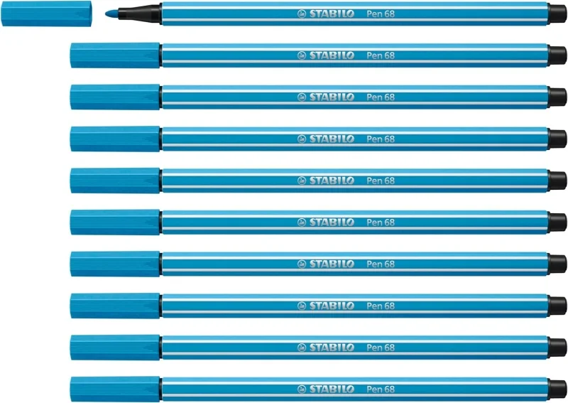 Stabilo Pen 68 Rotulador de Punta de Fibra - Trazo de 1mm aprox. - Tinta con Base de Agua - Color Azul Claro · Pack de 10 uds.