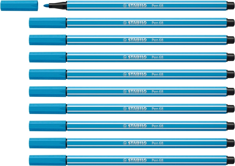 Stabilo Pen 68 Rotulador de Punta de Fibra - Trazo de 1mm aprox. - Tinta con Base de Agua - Color Azul Claro · Pack de 10 uds.