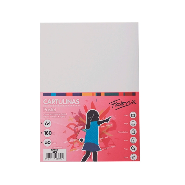 Fabrisa Pack de 50 Cartulinas 180 g/m² - Tamaño A4 - Color Blanco