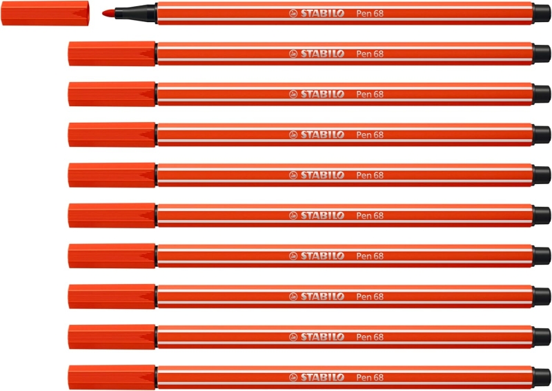 Stabilo Pen 68 Rotulador de Punta de Fibra - Trazo de 1mm aprox. - Tinta con Base de Agua - Color Rojo · Pack de 10 uds.