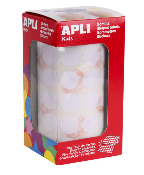Apli Gomets Redondos Blancos Ø 15mm - 59 Hojas Pretroqueladas - 2832 Gomets por Rollo - Adhesivo Base Agua - Normas EN-71 y FSC